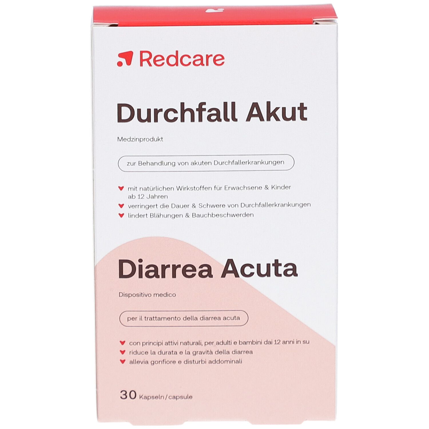 Weißer Karton mit rotem Logo "Redcare". Aufschrift "Durchfall Akut" und "Diarrhea Acuta". 30 Kapseln.