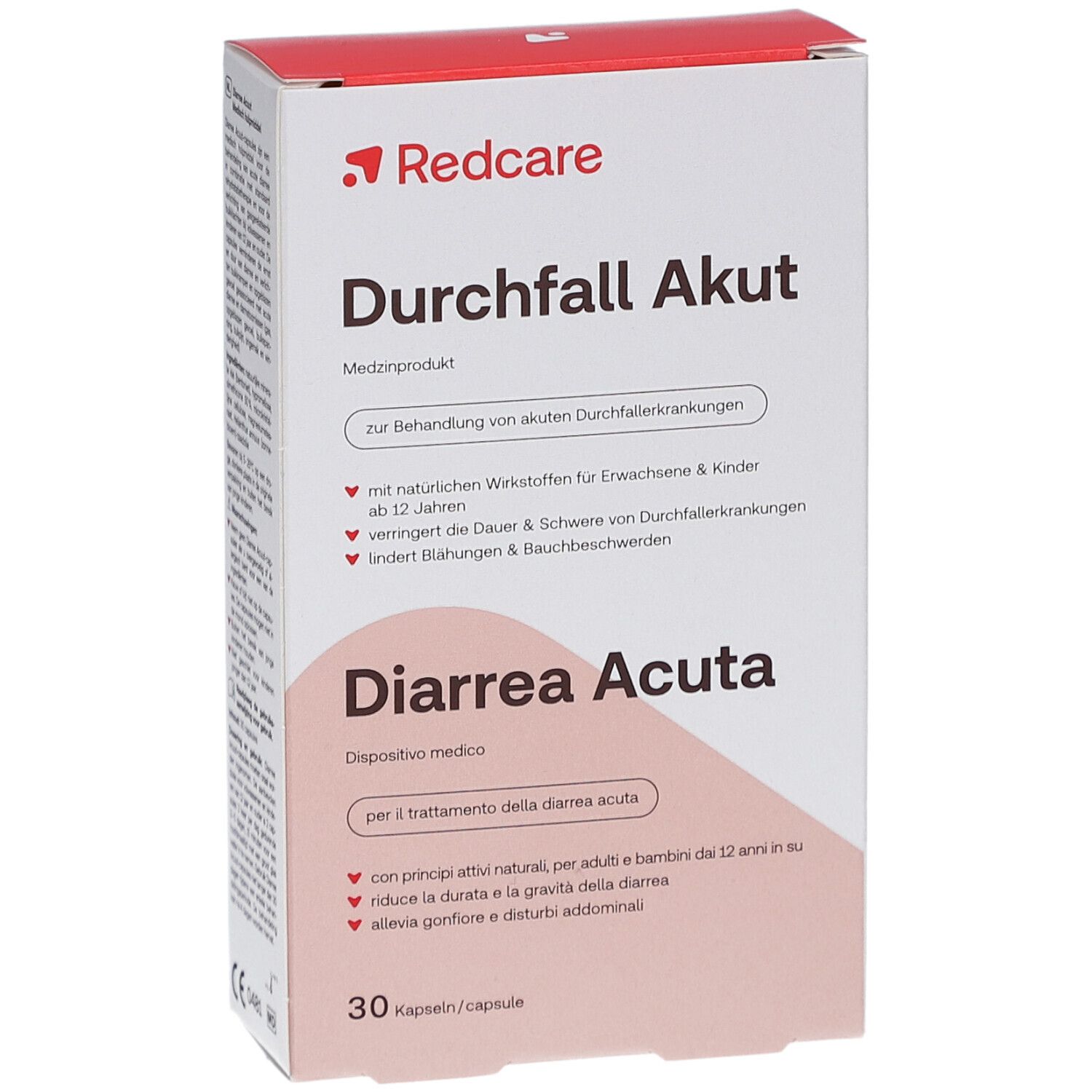 Weißer Karton mit rotem Logo "Redcare". Aufschrift "Durchfall Akut" und "Diarrhea Acuta". 30 Kapseln.