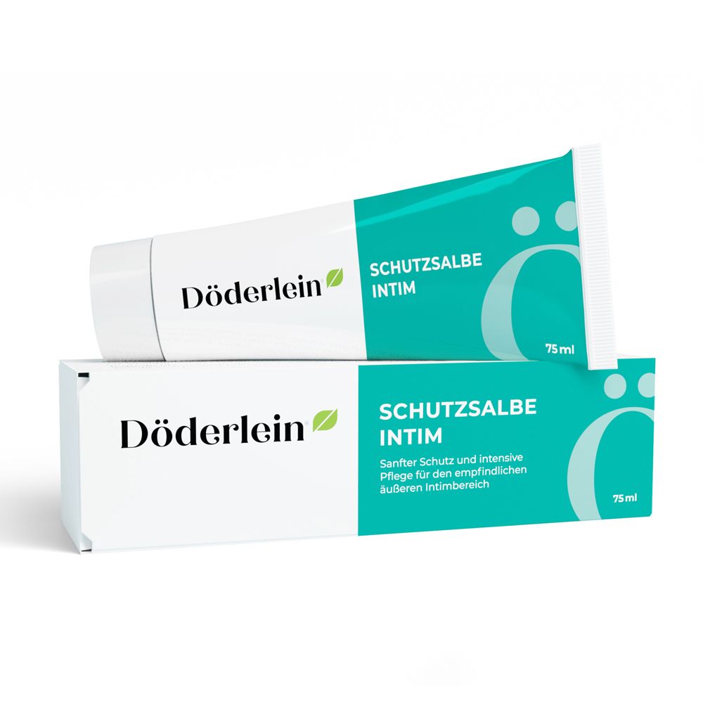 Döderlein Schutzsalbe Intim. Tube und Faltschachtel. Türkis-weiß. Text: Schutzsalbe Intim, 75ml. Mit Milchsäure + Dexpanthenol.