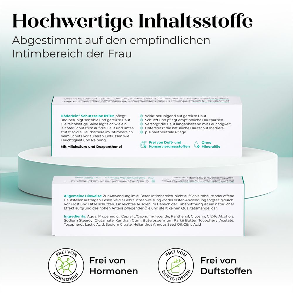 Text: Hochwertige Inhaltsstoffe. Döderlein Schutzsalbe Intim. Mit Milchsäure und Dexpanthenol. Frei von Hormonen und Duftstoffen.