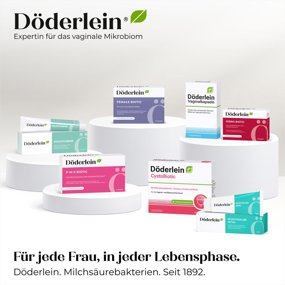 Döderlein Produkte. Verschiedene Verpackungen. Text: Expertin für das vaginale Mikrobiom. Für jede Frau, in jeder Lebensphase.