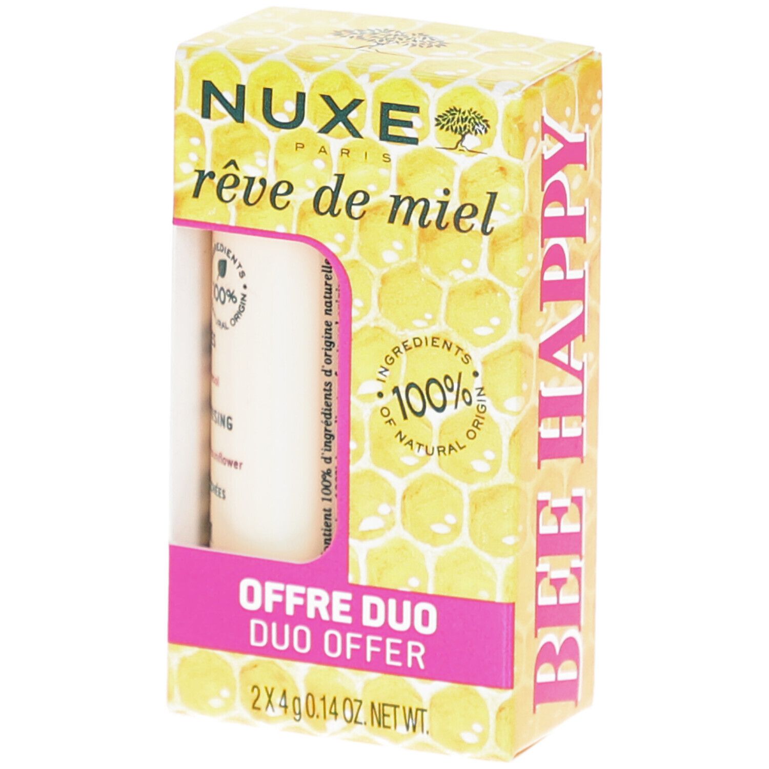 Duo-Angebot von NUXE Lippenpflegestiften. Karton mit Honigwaben-Design. Enthält zwei Stifte. Aufschrift: 100% natürliche Inhaltsstoffe.