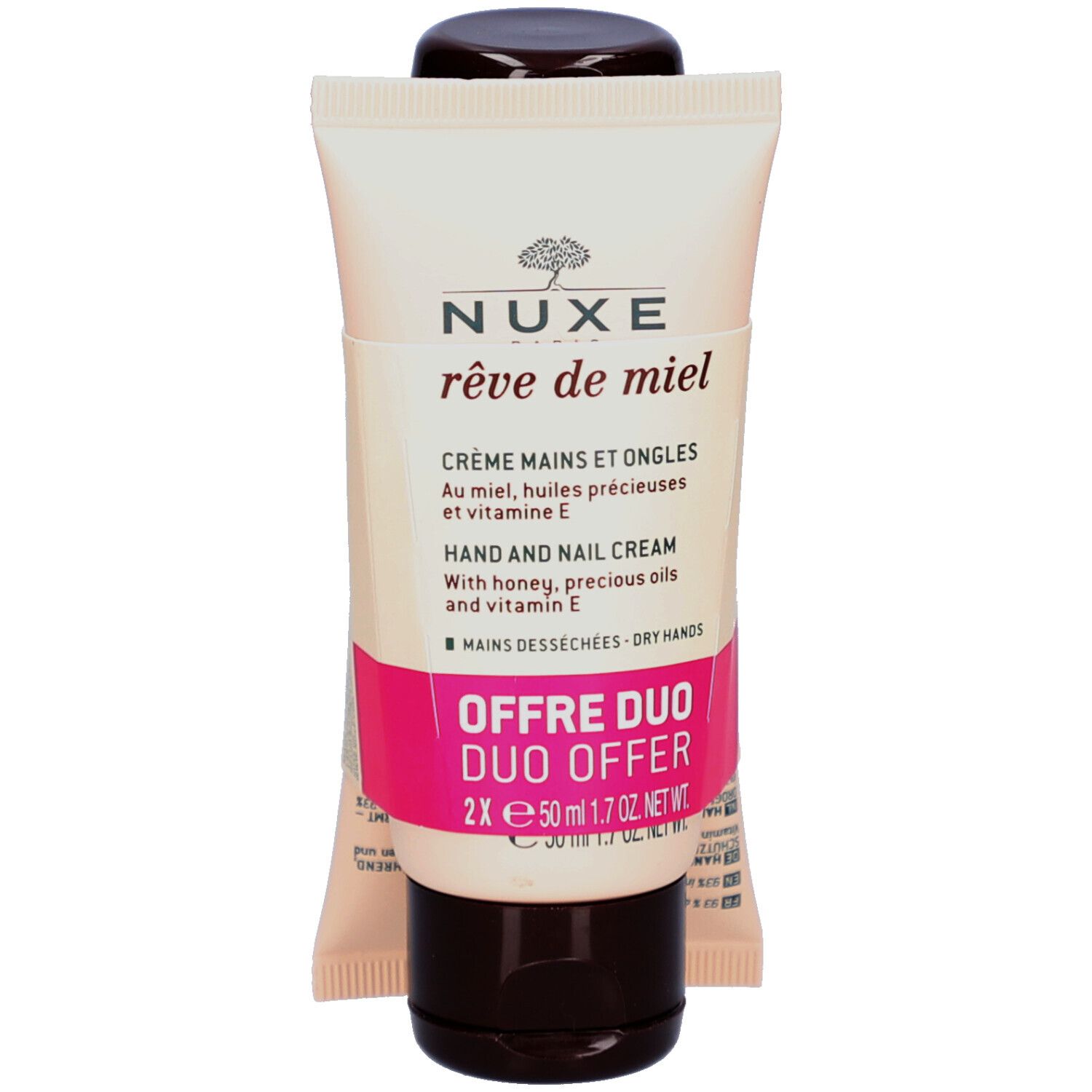 Hand- und Nagelcreme-Duo. Zwei Tuben mit braunen Verschlüssen. Aufschrift: NUXE, Crème Mains et Ongles, Duo Offer.