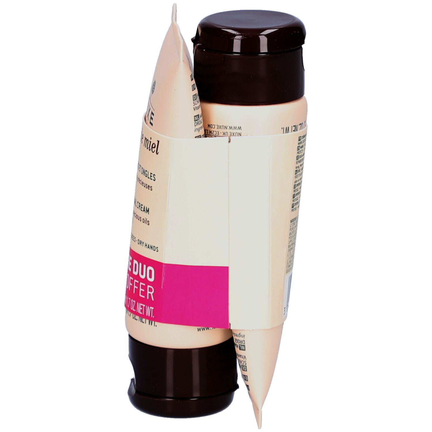 Zwei Tuben Hand- und Nagelcreme, verbunden durch einen Pappstreifen. Seitenansicht.