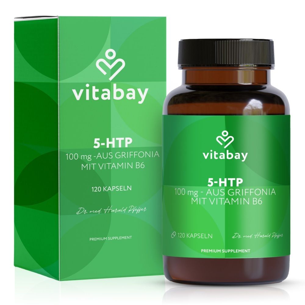 Vitabay 5-HTP Kapseldose und Kartonverpackung mit Beschriftung.