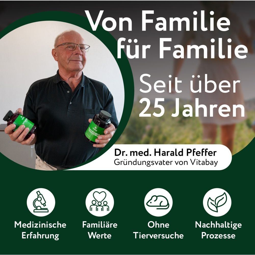 Mann hält zwei Vitabay 5-HTP Kapseldosen. Icons: Mikroskop, Herz, Maus, Blatt.