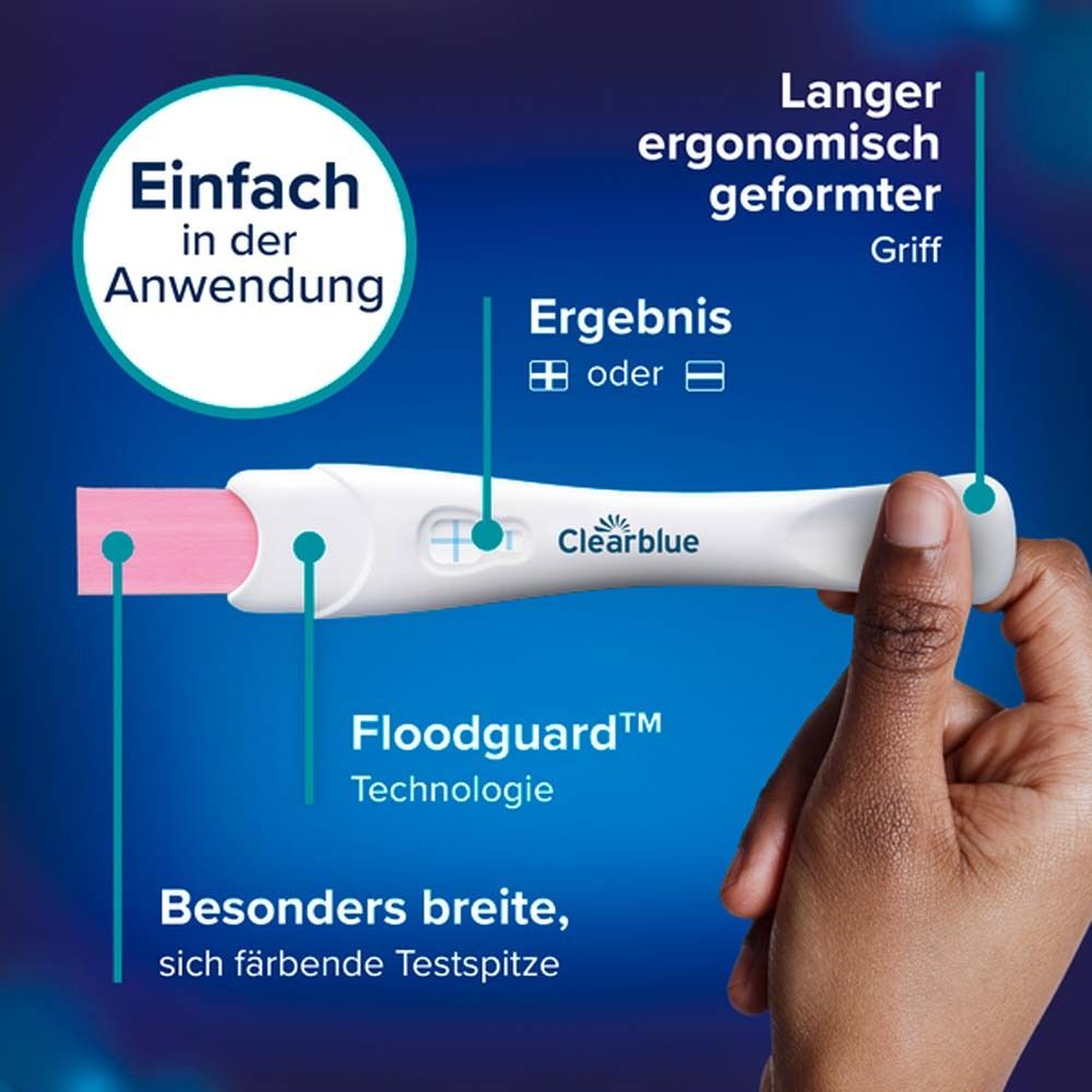 Nahaufnahme eines Clearblue Schwangerschaftstests. Weißer Test mit rosa Spitze. Text: Einfach in der Anwendung.
