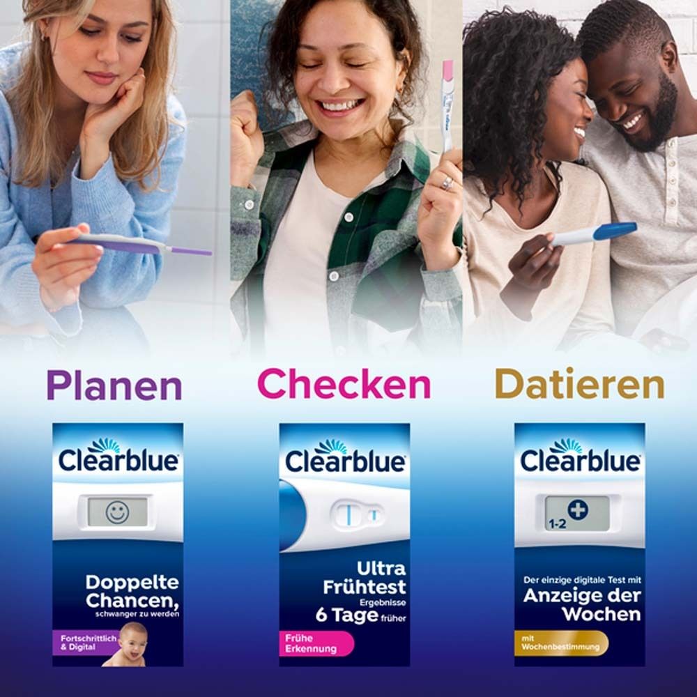 Drei Clearblue Schwangerschaftstests. Verschiedene Tests mit unterschiedlichen Ergebnissen. Text: Planen, Checken, Datieren.