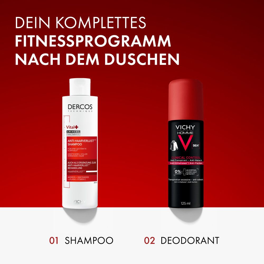Mann zeigt Anwendung von Vichy Homme Deo Spray. Schritte 1-3. Text: Anwendung.