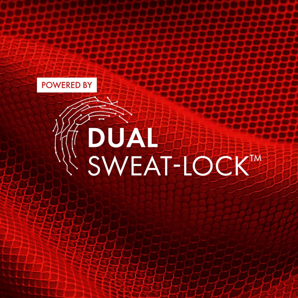 Roter Hintergrund mit weißem Text: POWERED BY DUAL SWEAT-LOCK™. Weißes Logo mit Fingerabdruck-Design.