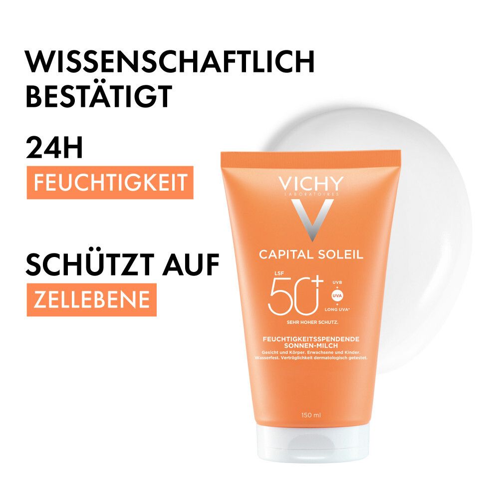 Produkt-Tube neben weißem Klecks. Text: Wissenschaftlich bestätigt, 24h Feuchtigkeit, schützt auf Zellebene.
