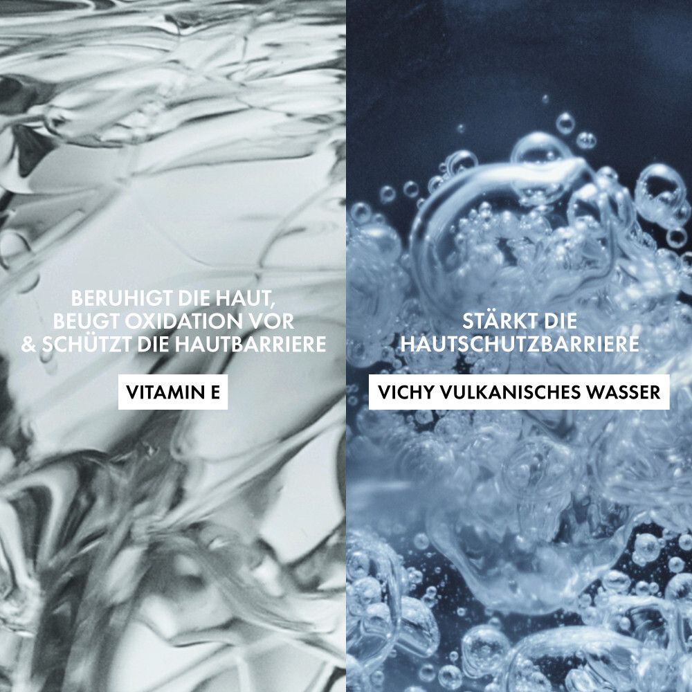 Zwei Bilder: Wasser mit Texten. Links: Vitamin E. Rechts: Vichy Vulkanisches Wasser. Beruhigt, stärkt.