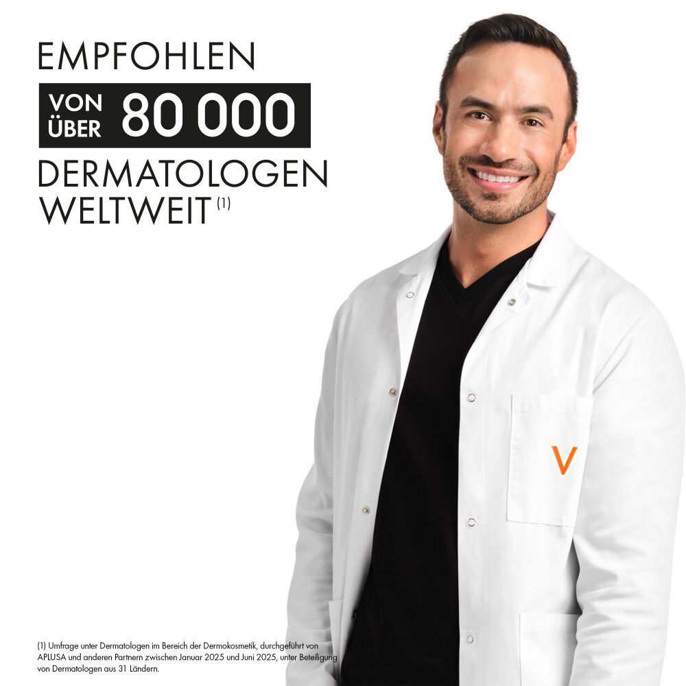 Mann im weißen Kittel. Text: Empfohlen von über 80.000 Dermatologen weltweit.