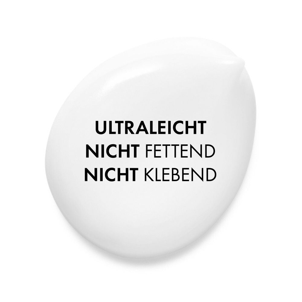 Weißer Klecks. Text: Ultraleicht, nicht fettend, nicht klebend.