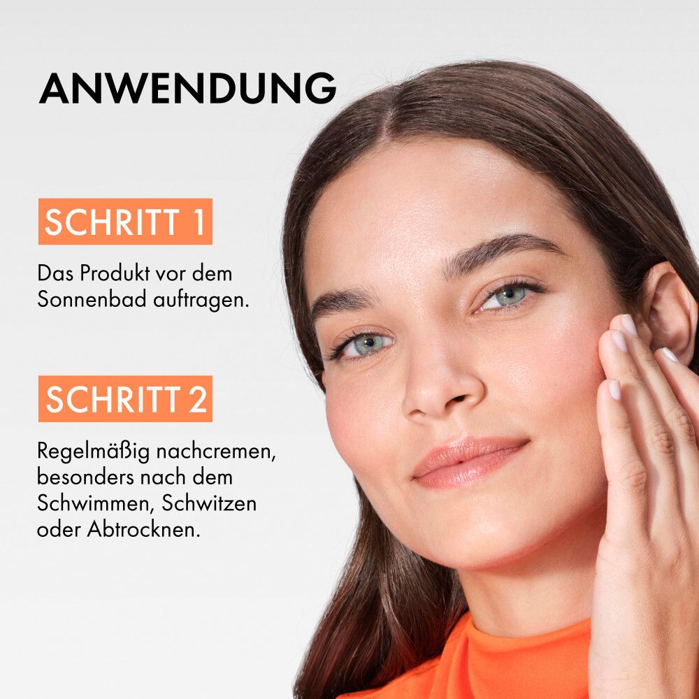 Frau trägt Produkt auf. Text: Schritt 1: Auftragen. Schritt 2: Nachcremen.