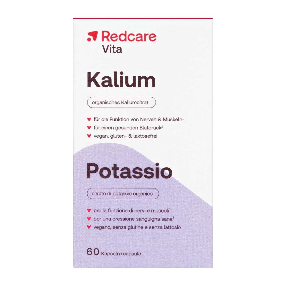 Karton mit Aufschrift: Redcare Vita Kalium, Potassio, 60 Kapseln. Lila Akzent.
