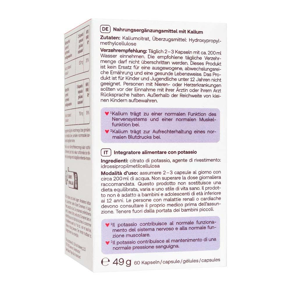 Karton mit Aufschrift: Redcare Vita Kalium, Potassio, 60 Kapseln. Lila Akzent.