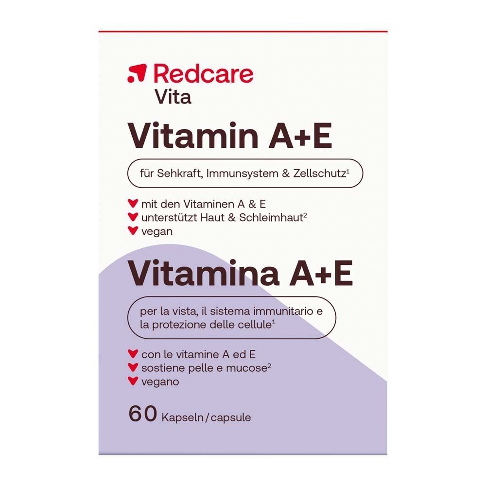 Verpackung von Redcare Vita Vitamin A+E. Aufschrift: 60 Kapseln. Lila und weiß.