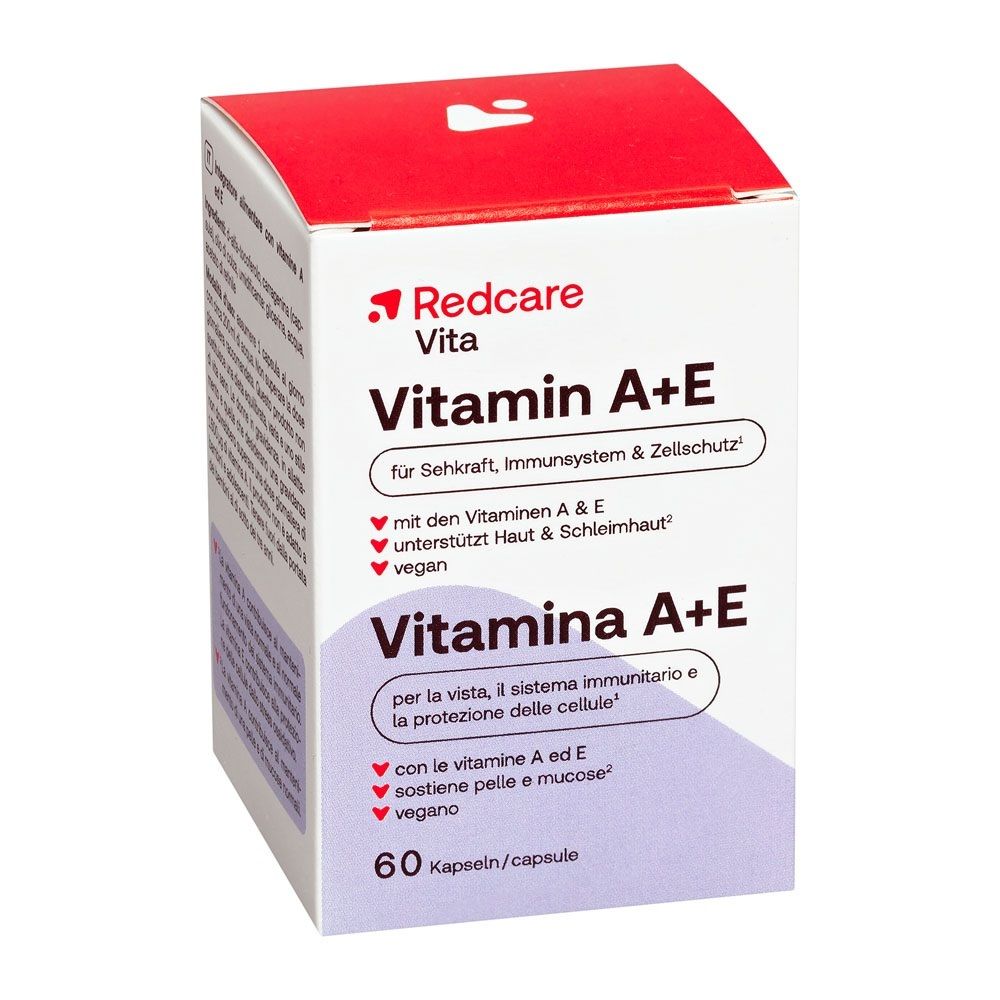 Redcare Vitamin A+E 60 Kapseln: Kartonverpackung mit Produktinformationen.