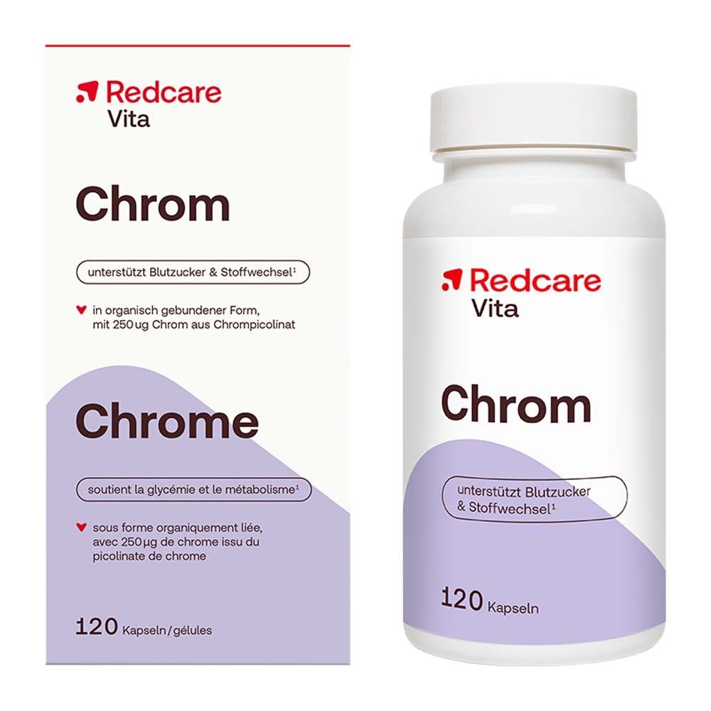 Weiße Flasche mit Kapseln. Aufschrift: Redcare Vita Chrom. 120 Kapseln. Text: unterstützt Blutzucker & Stoffwechsel.