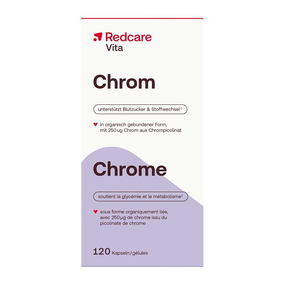 Verpackung von Redcare Vita Chrom. Aufschrift: Chrom. 120 Kapseln. Text: unterstützt Blutzucker & Stoffwechsel. Inhaltsstoffe.