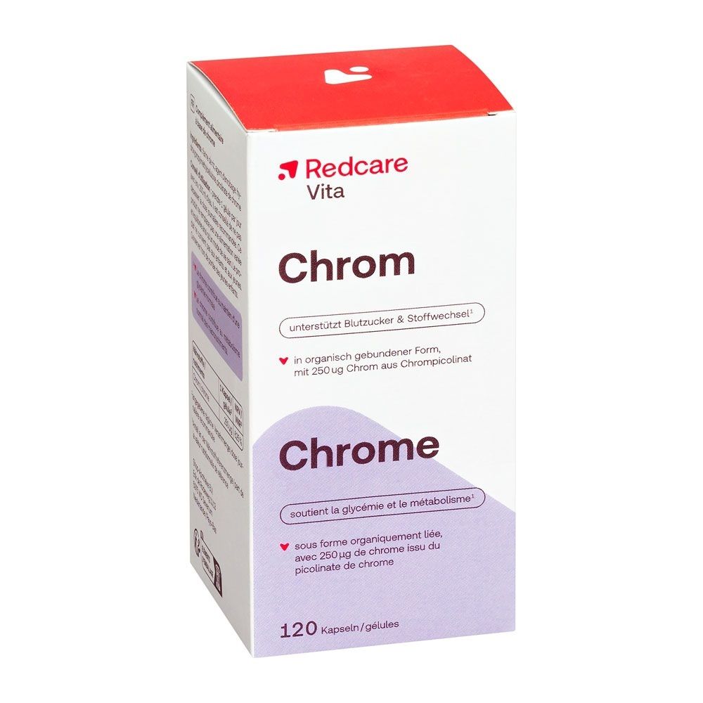 Redcare Vita Chrom: Verpackung mit Informationen zu Blutzucker und Stoffwechsel.