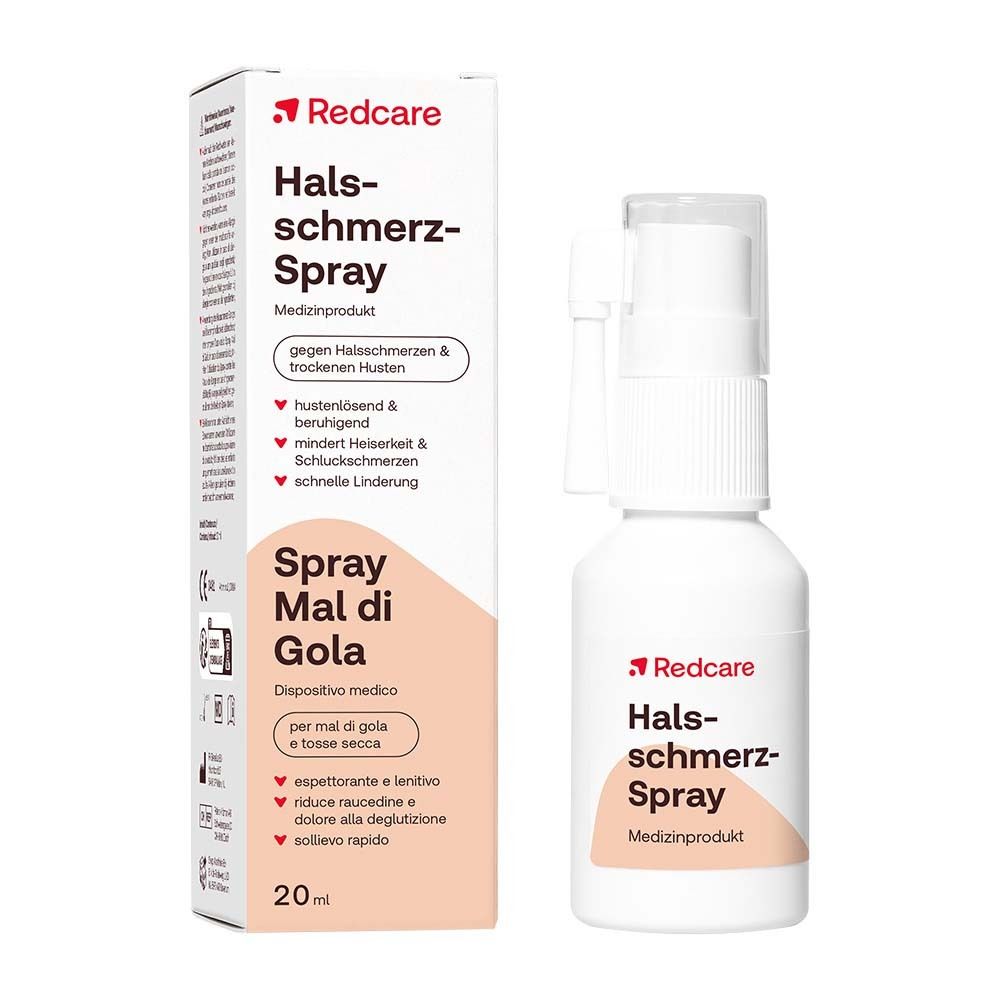 Redcare Halsschmerz-Spray und Verpackung. Weißes Spray mit Sprühkopf und transparente Kappe. Verpackung mit Produktnamen und Inhaltsangaben.