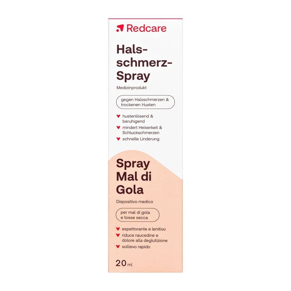 Verpackung des Redcare Halsschmerz-Sprays. Medizinprodukt mit Anwendungshinweisen.