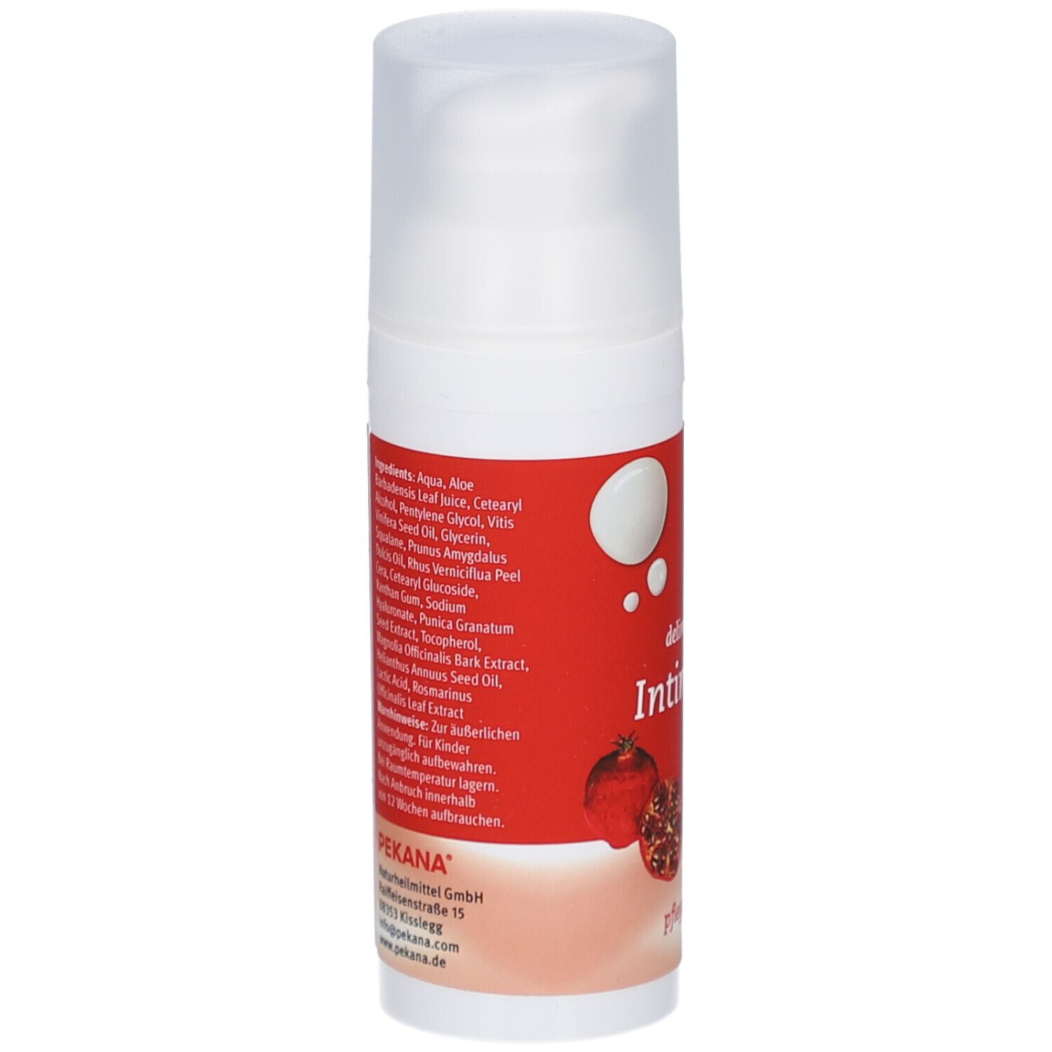 Weiße Flasche mit rotem Etikett. Aufschrift: delima feminin IntimCreme. Inhaltsstoffe und PEKANA-Logo. Text in deutscher Sprache.