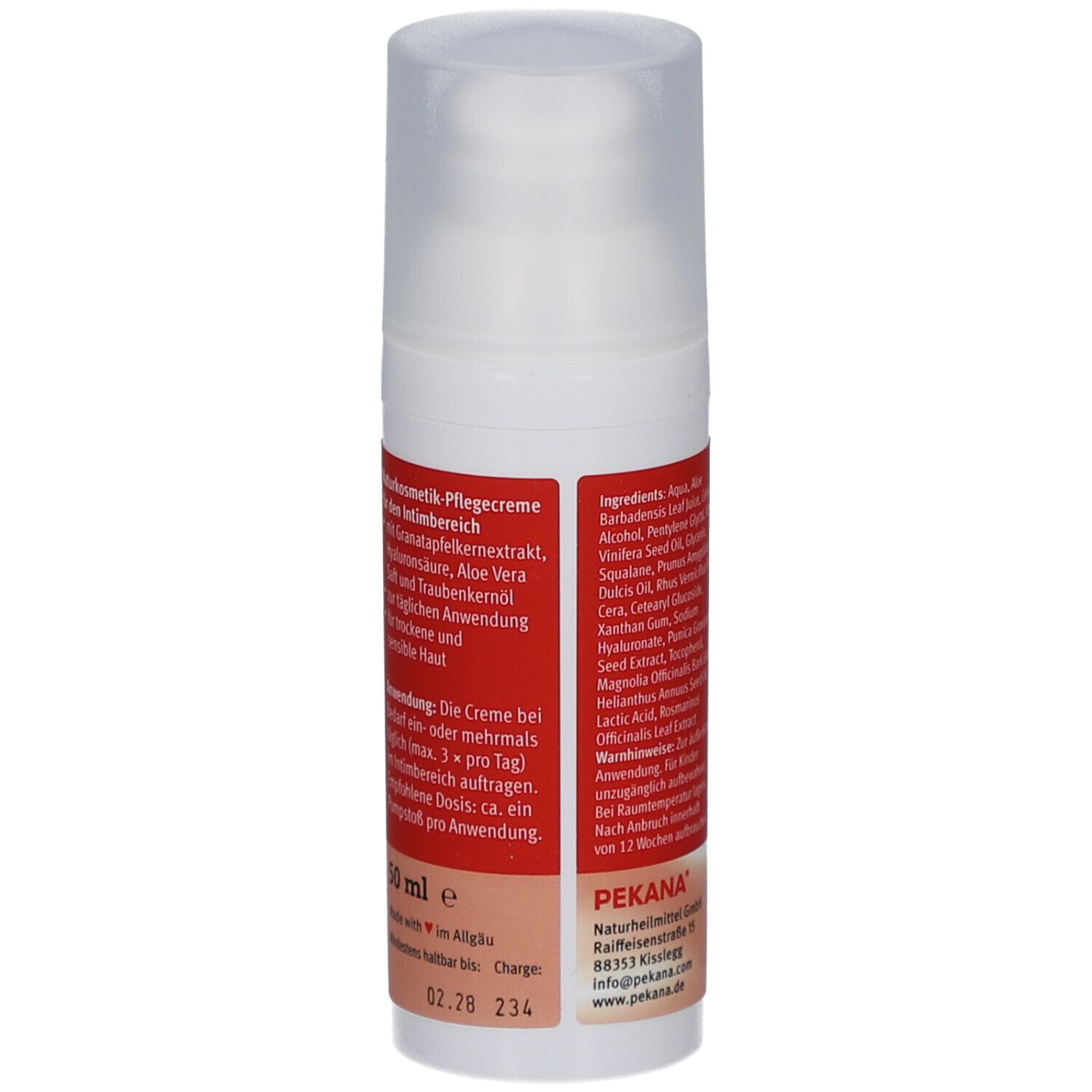 Weiße Flasche mit rotem Etikett. Aufschrift: delima feminin IntimCreme. Text in deutscher Sprache. PEKANA-Logo. 50 ml.