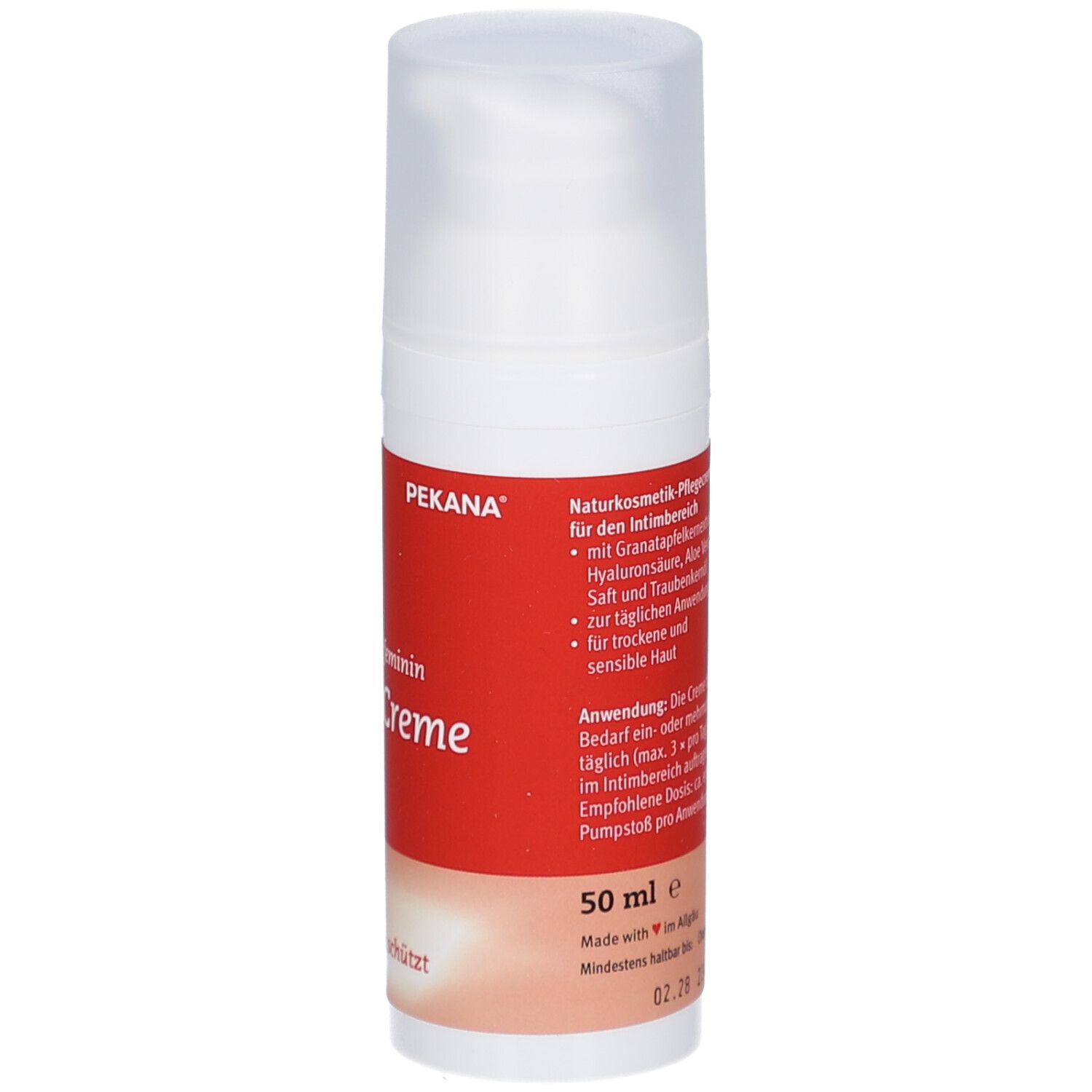 Weiße Flasche mit rotem Etikett. Aufschrift: delima feminin IntimCreme. PEKANA-Logo. 50 ml. Text in deutscher Sprache.