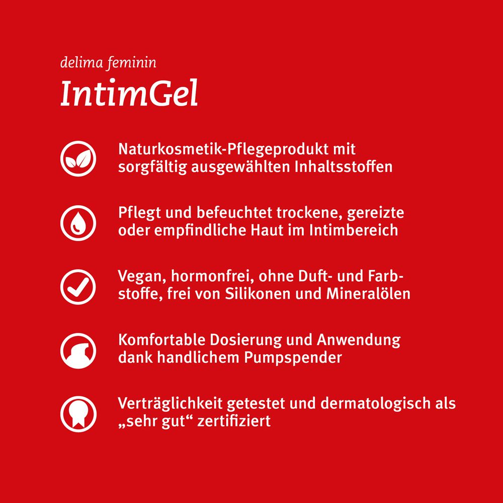 Roter Hintergrund mit weißen Texten. Aufschrift: delima feminin IntimGel. Textabschnitte mit Icons. Dermatologisch getestet.