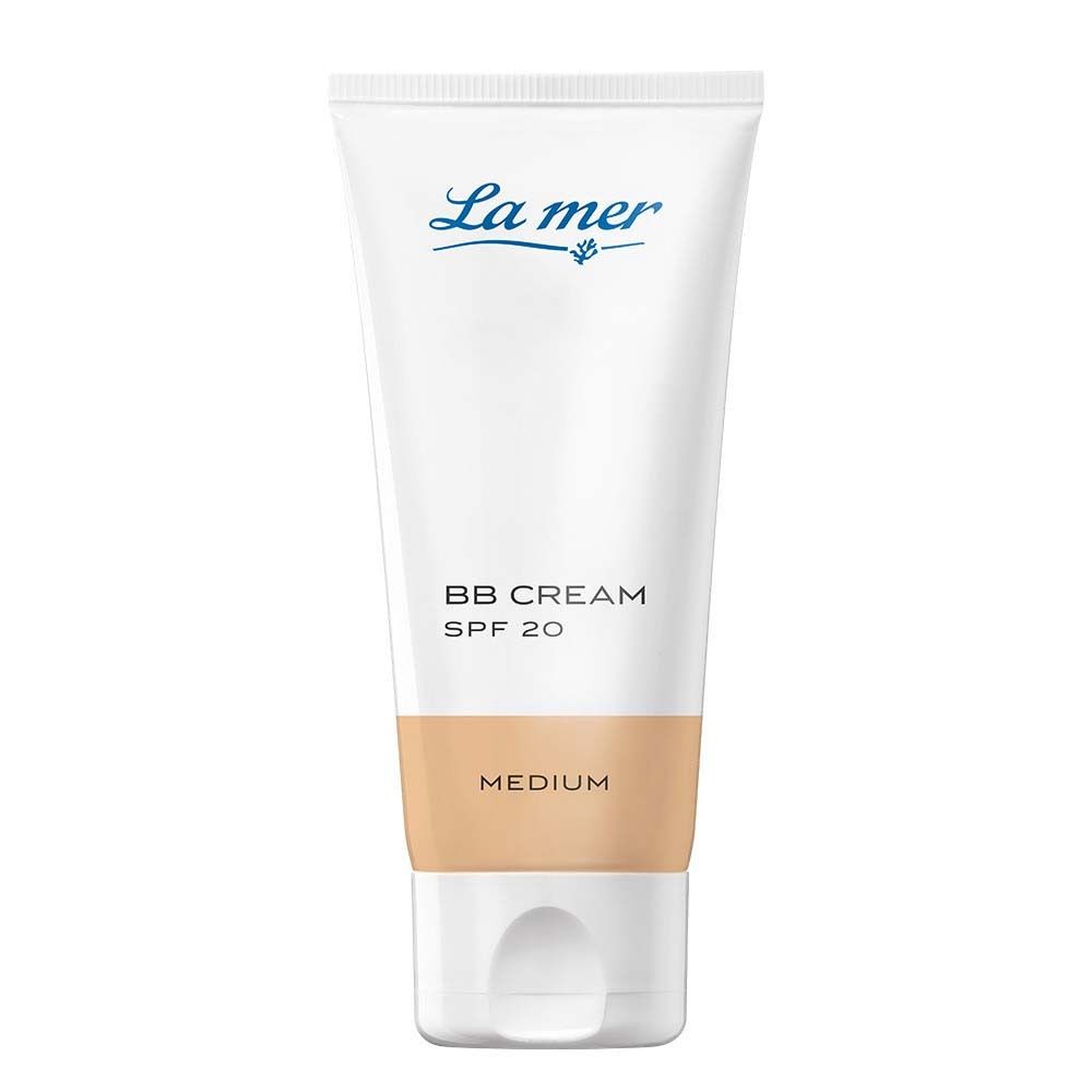 Weiße Tube mit La mer Logo, BB Cream SPF 20, Medium. Beige Farbstreifen. Weißer Deckel.