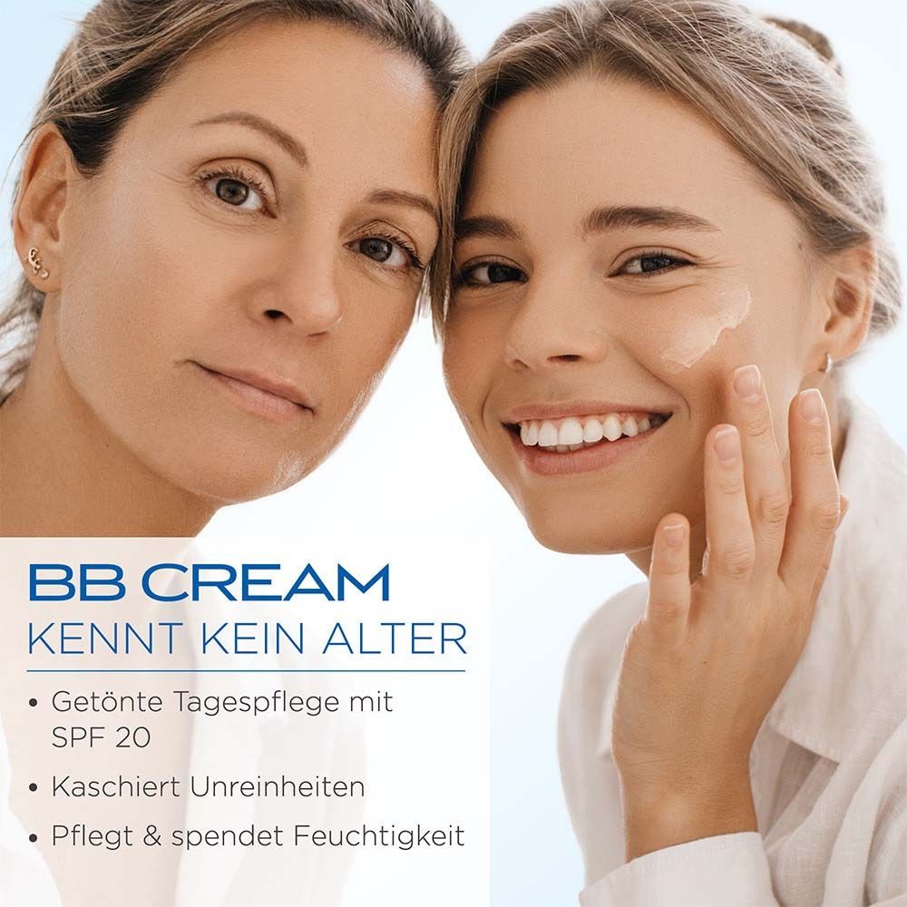 Zwei Frauen. Text: BB Cream kennt kein Alter. Getönte Tagespflege mit SPF 20. Kaschiert Unreinheiten.