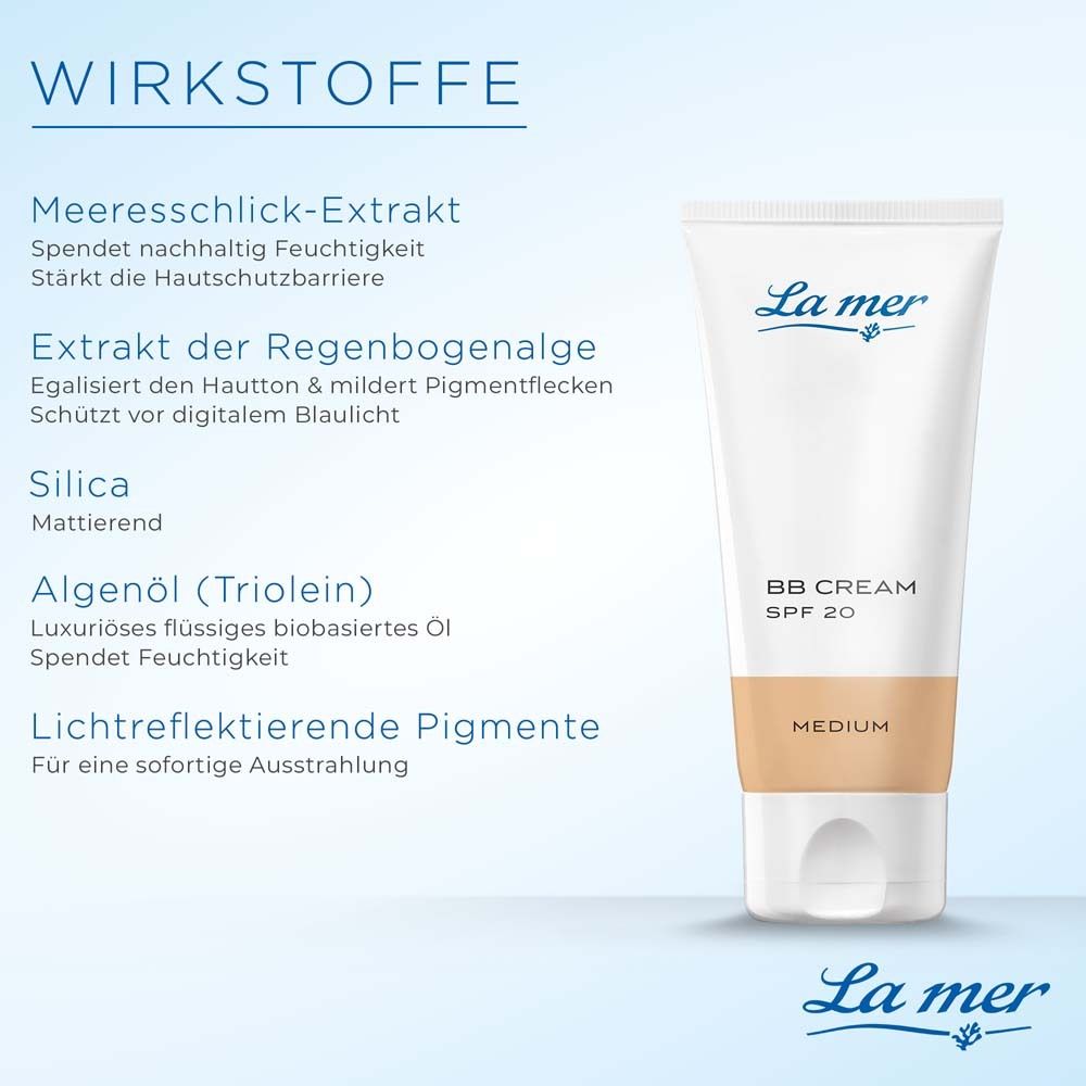 Tube La mer BB Cream SPF 20 Medium. Text: Wirkstoffe. Meeresschlick-Extrakt, Algenöl, Pigmente.