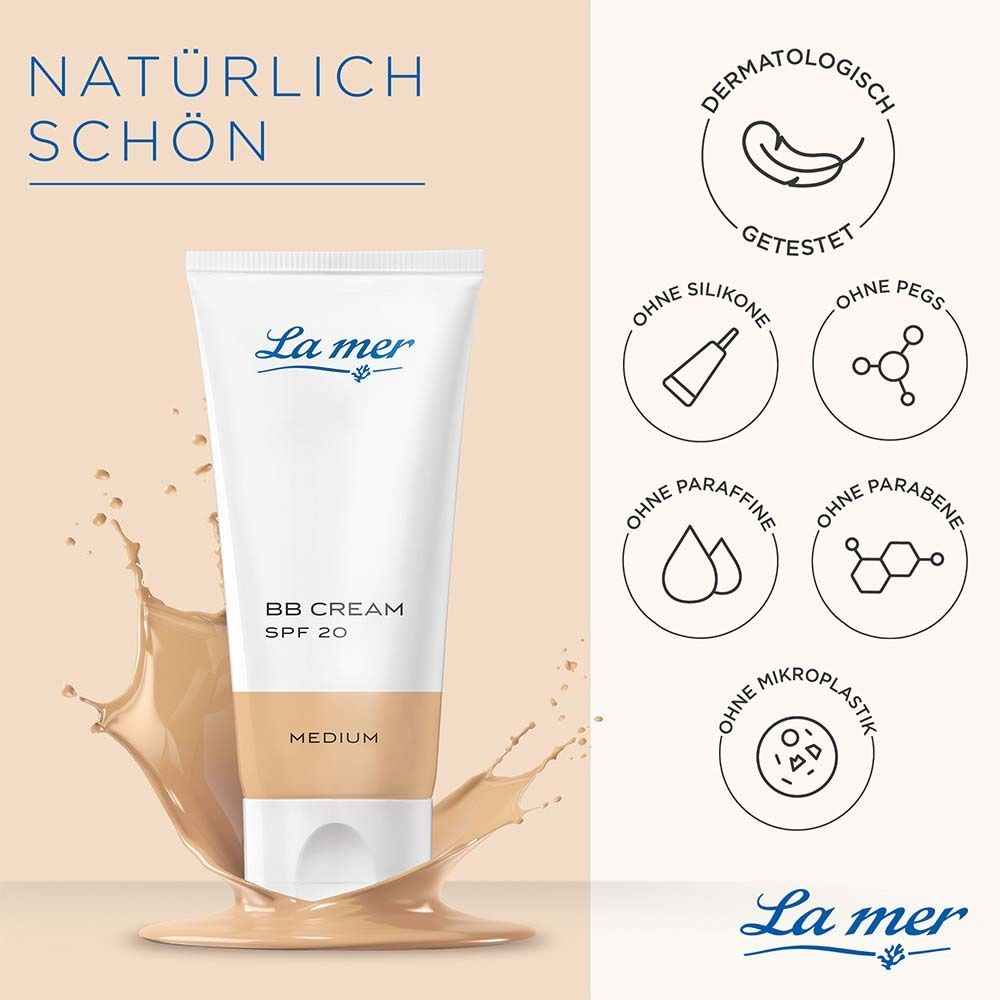 Tube La mer BB Cream SPF 20 Medium. Text: Natürlich schön. Dermatologisch getestet. Ohne Silikone, PEGs, Parabene.