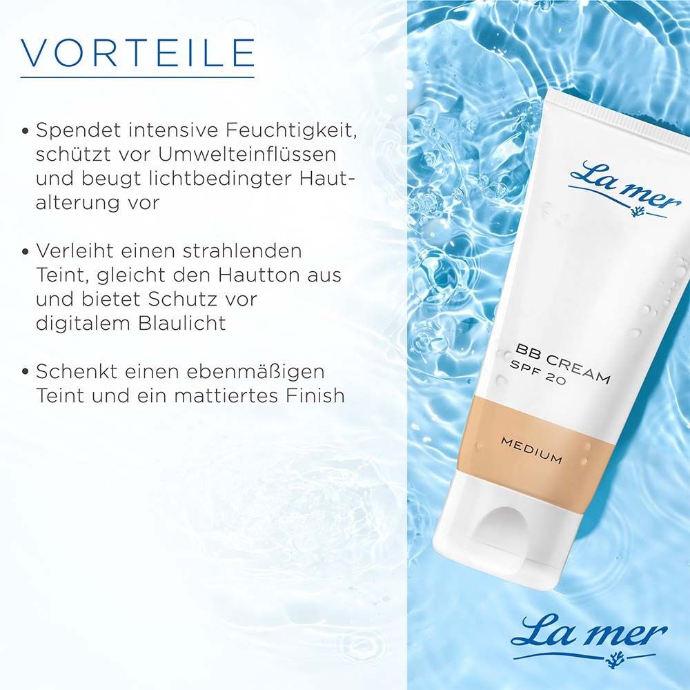 Tube La mer BB Cream SPF 20 Medium. Text: Vorteile. Spendet Feuchtigkeit, schützt vor Alterung, verleiht Teint.