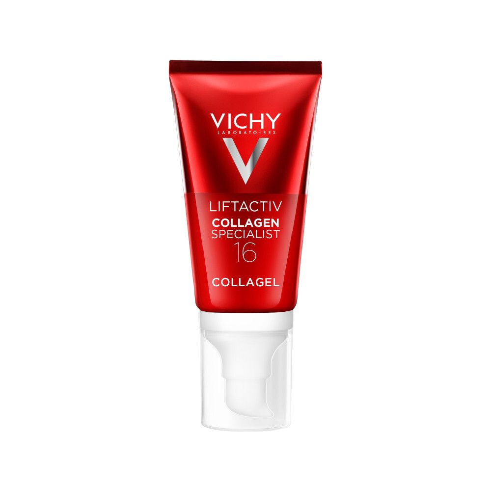 Rote Tube mit weißem Spender. Vichy Liftactiv Collagen Specialist 16. Kollagengel.