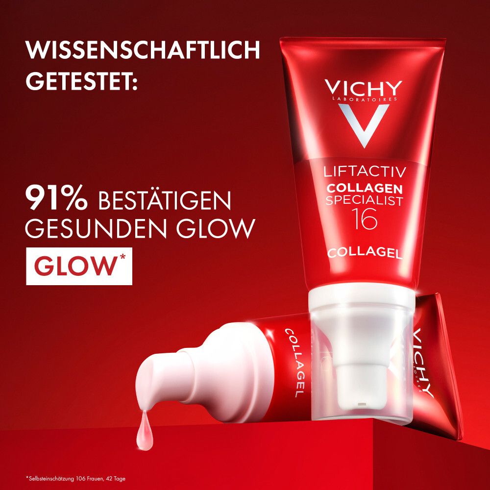 Rote Tuben mit Produkt. Text: 91% bestätigen gesunden Glow. Vichy Liftactiv Collagen Specialist 16.