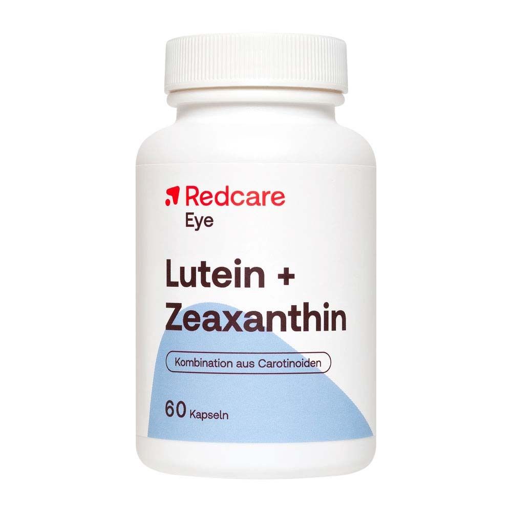 Weiße Flasche mit Redcare Eye Lutein + Zeaxanthin. 60 Kapseln.