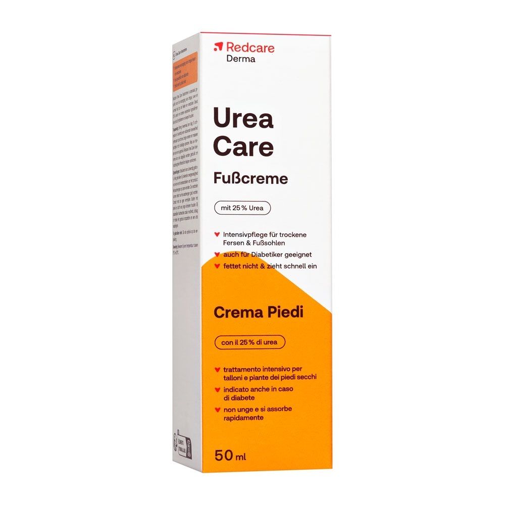 Redcare Derma Urea Care Fußcreme Verpackung, Vorderseite mit Produktinformationen.