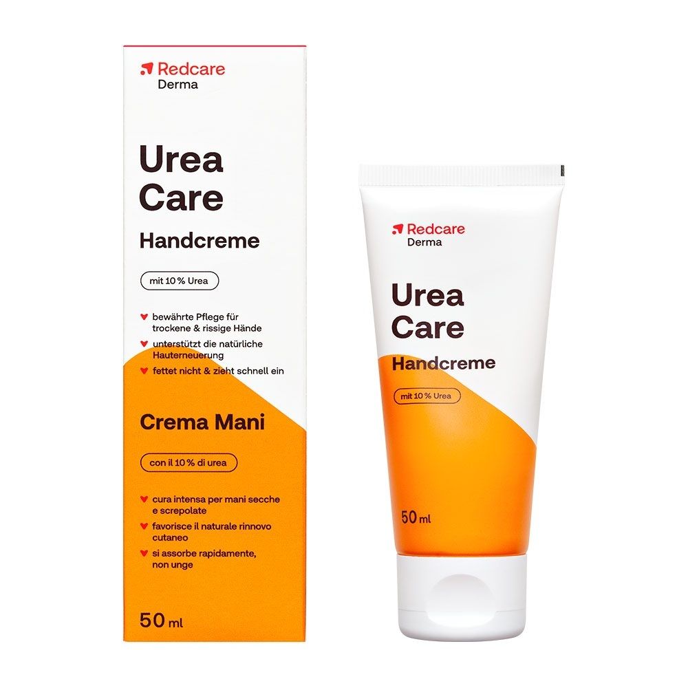 Redcare Derma Urea Care Handcreme Tube und Verpackung, 50ml.
