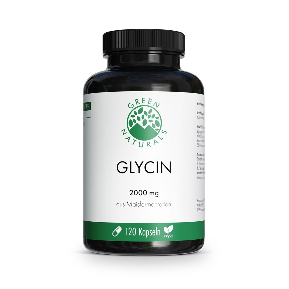 Schwarze Flasche mit weißen Etikett. Aufschrift: GREEN NATURALS Glycin 2000 mg, 120 Kapseln, vegan.
