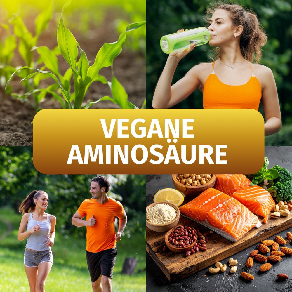Collage mit Bildern von Mais, einer trinkenden Frau, Läufern und Lebensmitteln. Text: VEGANE AMINOSÄURE.
