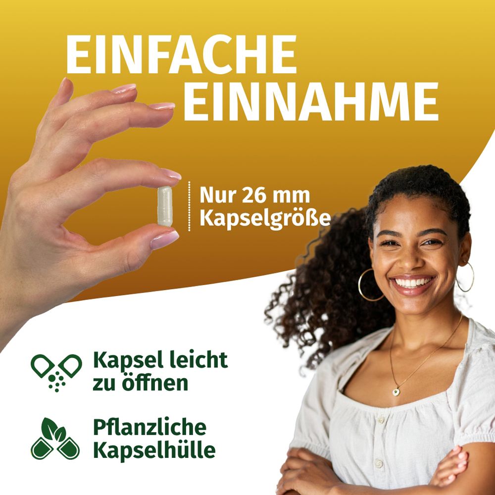 Frau hält Kapsel. Text: EINFACHE EINNAHME. Kapsel leicht zu öffnen. Pflanzliche Kapselhülle. Kapselgröße: 26 mm.