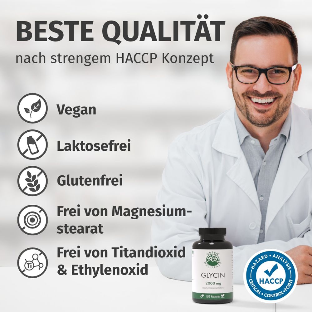 Mann mit Brille. Text: BESTE QUALITÄT. Vegan, laktosefrei, glutenfrei, frei von Magnesiumstearat, Titandioxid & Ethylenoxid.