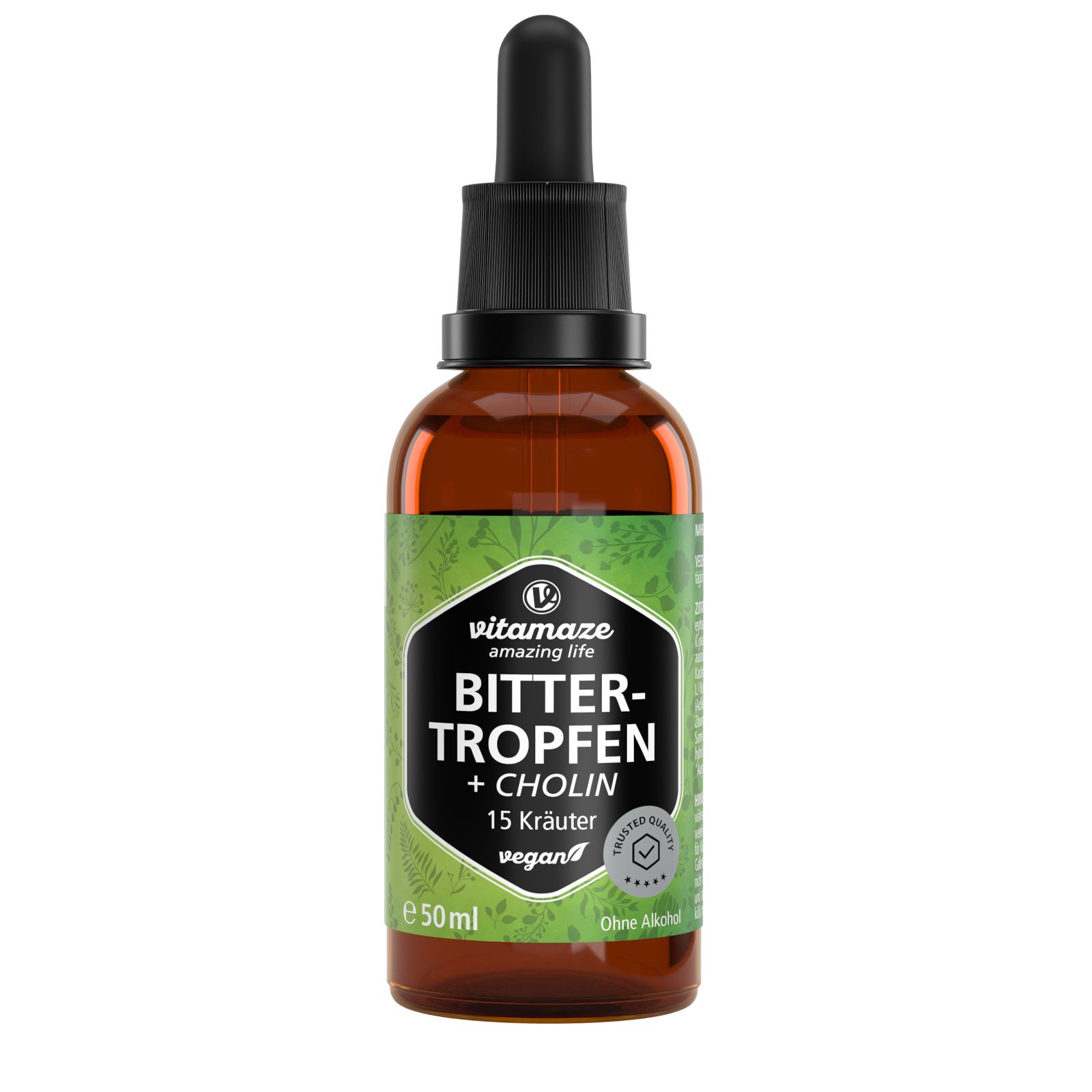 Braune Glasflasche mit schwarzem Deckel und Pipette. Etikett: Vitamaze Bitter Tropfen + Cholin, 15 Kräuter, vegan.