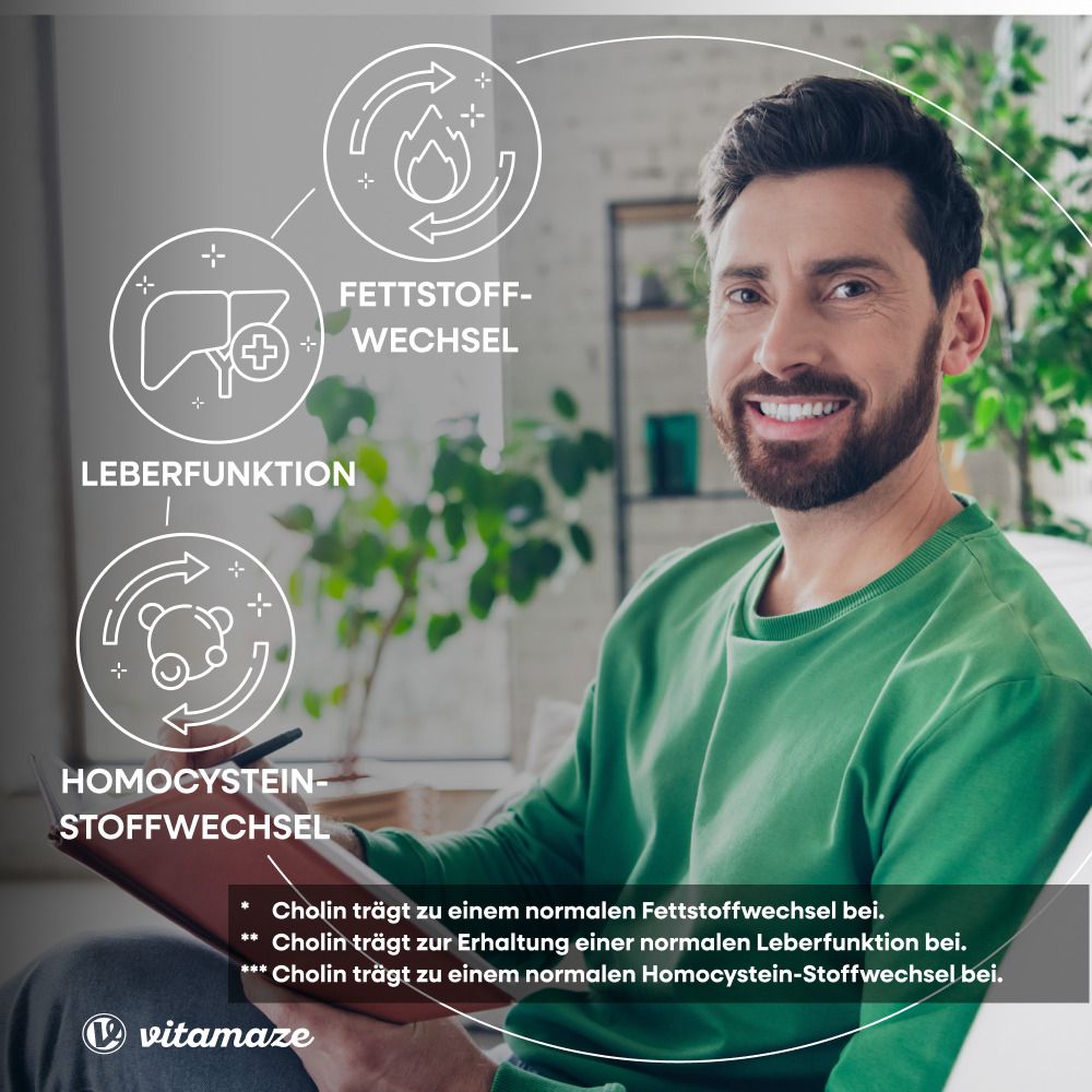 Mann mit Tablette, Grafiken: Fettstoffwechsel, Leberfunktion, Homocystein-Stoffwechsel. Text: Cholin trägt zu... bei.