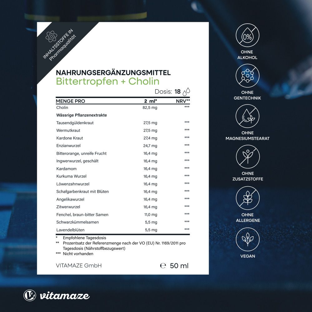 Nahrungsergänzungsmittel Bittertropfen + Cholin. Inhaltsstoffe, Dosierung, Hinweise. Ohne Alkohol, Gentechnik, etc.