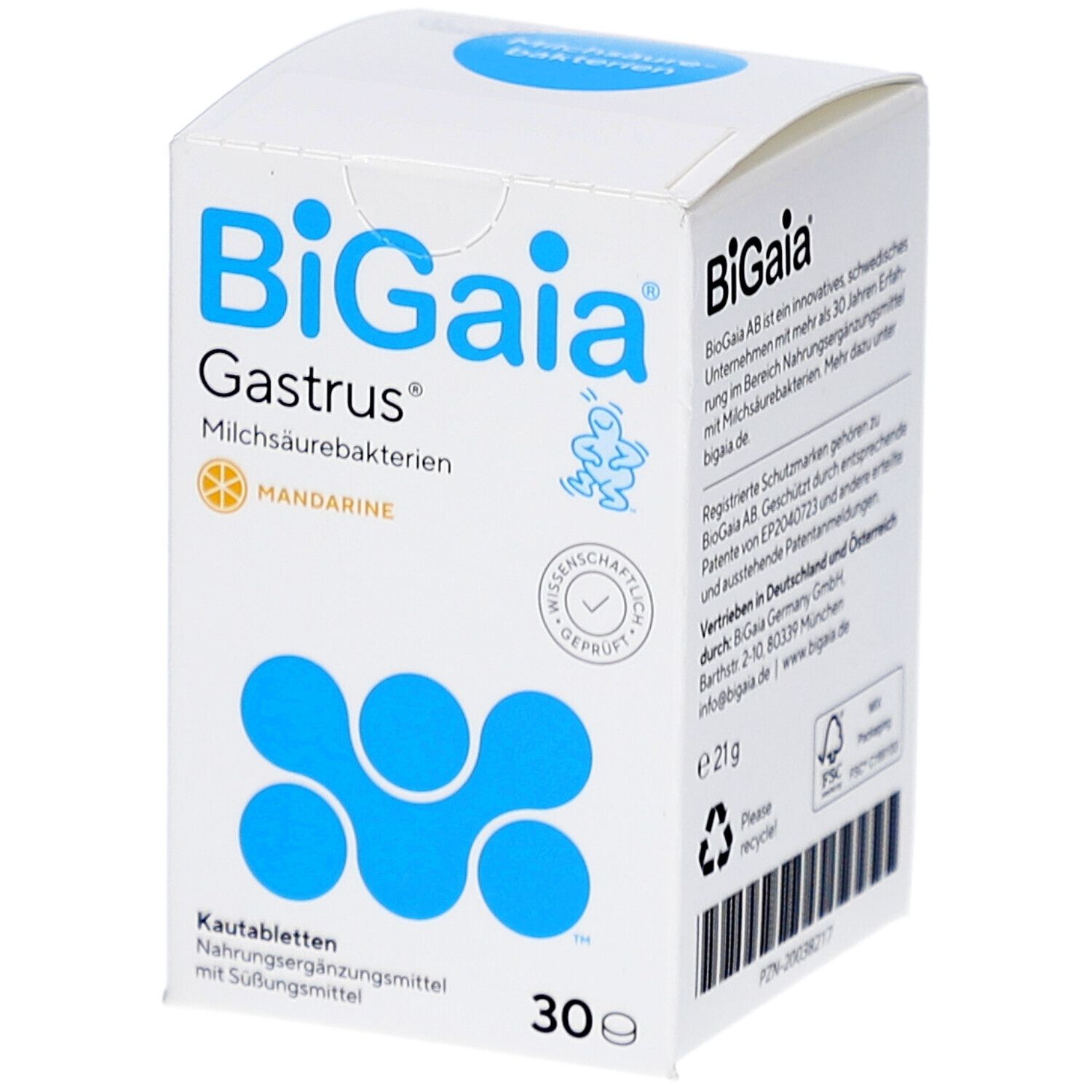 Schachtel BiGaia Gastrus. Aufschrift: Milchsäurebakterien, 30 Tabletten. Text und Logo.